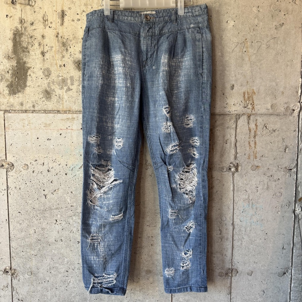 Free People Jeans Womens 29 Blue Medium Wash Tapered Distressed Denim Pants
